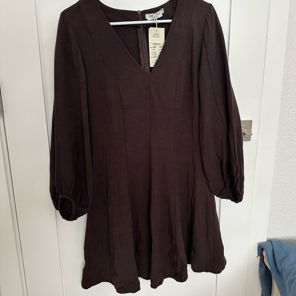 Reserved Elegant Brown V-Neck Women's dress linen blend XS